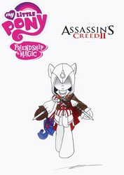Size: 2432x3440 | Tagged: safe, artist:az-derped-unicorn, rarity, g4, assassin, assassin's creed, clothes, crossover, ezio auditore, female, high res, robe, solo, video game, weapon