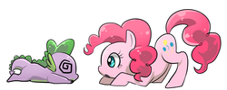 Size: 1500x600 | Tagged: safe, artist:quizia, pinkie pie, spike, earth pony, pony, g4, crouching, cute, diapinkes, duo, face down ass up, female, mare, profile, simple background, swirly eyes, unconscious, white background