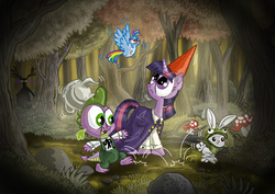 Size: 3507x2477 | Tagged: safe, artist:seriousdog, angel bunny, king sombra, rainbow dash, spike, twilight sparkle, bird, g4, birdified, clothes, crossover, everfree forest, forest, hat, high res, over the garden wall, rainbird dash, species swap, twilight sparkle (alicorn)