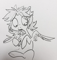 Size: 400x424 | Tagged: safe, artist:glacierclear, insect, pegasus, pony, eating, feather, messy mane, monochrome, sitting, solo, wide eyes