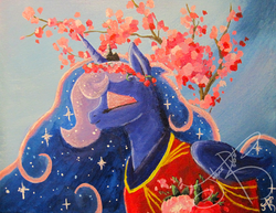 Size: 1600x1232 | Tagged: safe, artist:jorobro, princess luna, g4, cherry blossoms, eyes closed, female, kimono (clothing), solo, traditional art