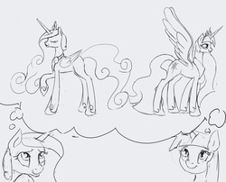 Size: 1280x1032 | Tagged: safe, artist:silfoe, princess cadance, twilight sparkle, alicorn, pony, royal sketchbook, g4, dream, ethereal mane, fantasy, female, grayscale, hilarious in hindsight, mare, monochrome, thought bubble, twilight sparkle (alicorn), ultimate cadance, ultimate twilight