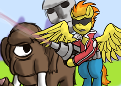 Size: 1080x768 | Tagged: safe, artist:thebathwaterhero, spitfire, pegasus, pony, g4, bipedal, clothes, space harrier, sunglasses, trio