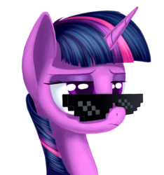 Size: 1500x1600 | Tagged: safe, artist:1nakir1, twilight sparkle, pony, unicorn, 8-bit, bust, deal with it, female, frown, glasses, lidded eyes, meme, portrait, simple background, solo, sunglasses, swag, swag glasses, unamused, white background