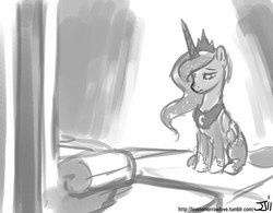 Size: 1000x778 | Tagged: safe, artist:johnjoseco, princess luna, g4, female, frown, grayscale, monochrome, sad, sitting, solo, throne