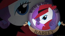 Size: 1920x1080 | Tagged: safe, artist:piconano, rarity, g4, rarity investigates, carmen sandiego, clothes, female, hat, hilarious in hindsight, looking at you, signature, solo, text