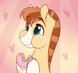 Size: 1270x1181 | Tagged: safe, artist:ask-rayosunshine, artist:lolepopenon, oc, oc only, oc:ray o'sunshine, earth pony, pony, animated, bust, chewing, cute, daaaaaaaaaaaw, donut, ear fluff, eating, heart, nom, portrait, smiling, solo, starry eyes, wingding eyes