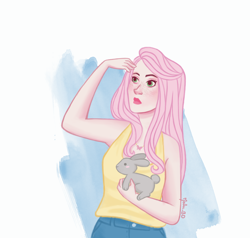 Size: 2480x2362 | Tagged: safe, artist:malubd, fluttershy, human, rabbit, g4, clothes, female, freckles, high res, humanized, solo, tank top