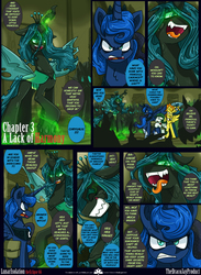 Size: 2376x3240 | Tagged: safe, artist:dracojayproduct, princess luna, queen chrysalis, spitfire, oc, oc:pierson, oc:willow, pony, comic:lunar isolation, g4, comic, high res