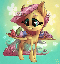 Size: 1170x1250 | Tagged: safe, artist:atryl, fluttershy, bird, pegasus, pony, g4, cute, female, flower, flower in hair, mare, shyabetes, smiling