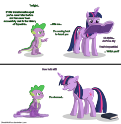 Size: 900x922 | Tagged: safe, artist:shadowolfozo, spike, twilight sparkle, g4, book, comic, dialogue, magic, simple background, transparent background
