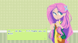 Size: 600x337 | Tagged: safe, artist:looji, fluttershy, human, g4, animated, blushing, female, humanized, looking at you, solo
