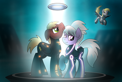 Size: 7250x4850 | Tagged: safe, artist:drawponies, cloudchaser, derpy hooves, oc, oc:neostrike, pegasus, pony, g4, absurd resolution, female, identity disk, mare, neochaser, tron, tron legacy