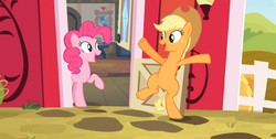 Size: 1920x966 | Tagged: safe, screencap, applejack, pinkie pie, g4, pinkie apple pie, bipedal