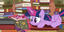 Size: 1920x966 | Tagged: safe, screencap, twilight sparkle, alicorn, pony, g4, pinkie apple pie, adorkable, book, cute, dork, female, mare, solo, that pony sure does love books, twilight sparkle (alicorn)