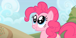 Size: 1920x966 | Tagged: safe, screencap, pinkie pie, earth pony, pony, g4, pinkie apple pie, cute, diapinkes, female, grin, happy, looking up, mare, smiling, solo