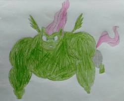Size: 960x784 | Tagged: safe, artist:anonimo17, fluttershy, saddle rager, g4, angry, simple background, the incredible hulk, traditional art