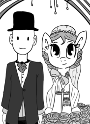 Size: 660x900 | Tagged: safe, artist:tjpones, oc, oc only, oc:brownie bun, oc:richard, earth pony, human, pony, horse wife, ask, clothes, description is relevant, dress, duo, ear fluff, ear piercing, earring, female, grayscale, human male, interspecies, jewelry, male, mare, monochrome, piercing, simple background, tumblr, tuxedo, wedding, wedding dress, white background