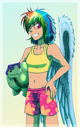 Size: 900x1425 | Tagged: safe, artist:inuhoshi-to-darkpen, rainbow dash, tank, human, g4, tanks for the memories, abs, belly button, clothes, humanized, midriff, swimsuit, winter swimsuit