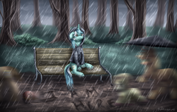 Size: 1934x1228 | Tagged: dead source, safe, artist:9de-light6, lyra heartstrings, pony, unicorn, fanfic:background pony, g4, clothes, cloven hooves, dig the swell hoodie, emo lyra, female, hoodie, rain, sad, solo