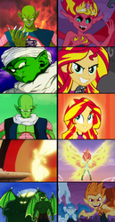 Size: 529x1024 | Tagged: safe, snails, snips, sunset shimmer, namekian, equestria girls, g4, my little pony equestria girls, my little pony equestria girls: rainbow rocks, my past is not today, comparison, cymbal, demon king piccolo, dragon ball, dragon ball z, kami, musical instrument, nail (dragon ball), piccolo (dragon ball), sunset satan, tambourine
