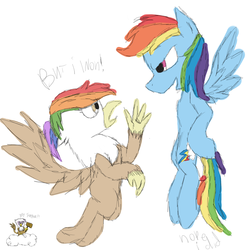 Size: 1024x1024 | Tagged: safe, artist:sonicmila, rainbow dash, oc, oc:rainbow feather, griffon, g4, backwards cutie mark, cloud, daughter, family, interspecies offspring, magical lesbian spawn, mother and daughter, offspring, parent:gilda, parent:rainbow dash, parents:gildash, racing, sign