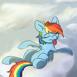 Size: 2500x2500 | Tagged: safe, artist:shukketsustar, rainbow dash, g4, belly, belly button, cute, dashabetes, female, fluffy, high res, imminent belly rub, on back, solo, tongue out