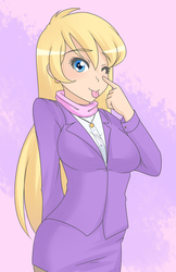 Size: 1280x1980 | Tagged: safe, artist:jonfawkes, ms. harshwhinny, human, g4, :p, alternate hairstyle, clothes, cute, female, humanized, looking at you, ms. cutewhinny, one eye closed, silly, solo, tongue out, unprofessional, wink