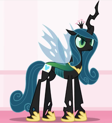 Size: 427x471 | Tagged: safe, artist:mixermike622, princess cadance, queen chrysalis, changeling, changeling queen, g4, accessory swap, alternate hairstyle, angry, clothes, costume, fake cutie mark, female, frown, glare, hoof shoes, nightmare night, seems legit, solo