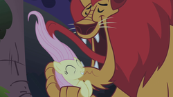 Size: 1280x720 | Tagged: safe, screencap, fluttershy, manny roar, manticore, pegasus, pony, friendship is magic, g4, duo, eyes closed, female, licking, male, mare, tongue out