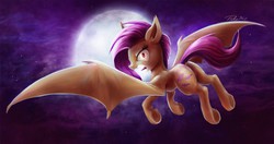 Size: 1500x791 | Tagged: safe, artist:tsitra360, fluttershy, g4, female, flutterbat, looking at you, looking back, moon, open mouth, race swap, solo, underhoof