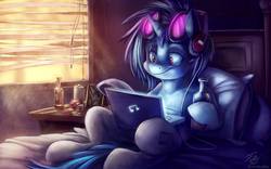 Size: 2048x1280 | Tagged: safe, artist:spainfischer, artist:tsitra360, dj pon-3, octavia melody, vinyl scratch, pony, unicorn, g4, alcohol, bed, bedroom, computer, female, flask, headphones, laptop computer, mare, picture, smiling, soda can, solo