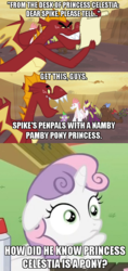 Size: 498x1054 | Tagged: safe, clump, fizzle, garble, princess celestia, spear (g4), spike, sweetie belle, dragon, dragon quest, g4, my little pony: friendship is magic, exploitable meme, image macro, meme, scroll, sudden clarity sweetie belle