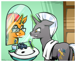 Size: 900x734 | Tagged: safe, artist:taritoons, oc, oc only, oc:scope, oc:sunflare, pony, unicorn, bathroom, brushing teeth, butt, levitation, magic, male, mirror, plot, stallion, telekinesis, toothbrush