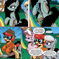 Size: 1399x1387 | Tagged: safe, artist:ponygoddess, idw, derpy hooves, diamond tiara, prancy drew, silver spoon, oc, oc:sappho, earth pony, pegasus, pony, unicorn, g4, spoiler:comic, spoiler:comicff16, clothes, dialogue, female, filly, glasses, lidded eyes, mare, open mouth, open smile, ponysuit, smiling, speech bubble, sweater
