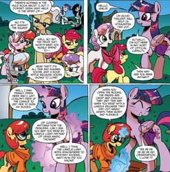Size: 1397x1413 | Tagged: safe, artist:ponygoddess, idw, apple bloom, diamond tiara, mayor mare, prancy drew, rarity, scootaloo, silver spoon, sweetie belle, twilight sparkle, oc, oc:sappho, alicorn, earth pony, pony, unicorn, g4, spoiler:comic, spoiler:comicff16, bag, book, clothes, cutie mark crusaders, dialogue, female, filly, funny background event, glasses, magic, mare, open mouth, open smile, ponysuit, saddle bag, smiling, speech bubble, sweater, telekinesis, twilight sparkle (alicorn)