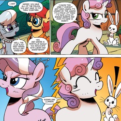 Size: 1397x1397 | Tagged: safe, idw, angel bunny, diamond tiara, prancy drew, silver spoon, sweetie belle, friends forever #16, g4, my little pony: friends forever, spoiler:comic