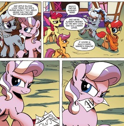 Size: 1397x1413 | Tagged: safe, idw, apple bloom, diamond tiara, prancy drew, scootaloo, silver spoon, friends forever #16, g4, my little pony: friends forever, spoiler:comic