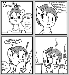 Size: 1073x1165 | Tagged: safe, artist:tjpones, oc, oc only, oc:brownie bun, oc:richard, earth pony, pony, horse wife, bandage, comic, fire, housewife, knife, monochrome