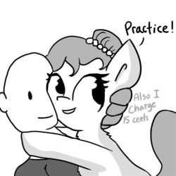 Size: 660x660 | Tagged: safe, artist:tjpones, oc, oc only, oc:brownie bun, oc:richard, earth pony, human, pony, horse wife, ask, comic, description is relevant, dialogue, female, grayscale, hug, human male, male, mare, monochrome, simple background, tumblr, white background