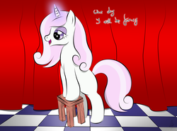 Size: 2681x1988 | Tagged: safe, artist:v-d-k, fleur-de-lis, g4, blank flank, curtains, fancy, female, filly, foal, looking down, magic, open mouth, smiling, solo, stage, stool, talking