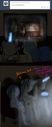 Size: 700x1700 | Tagged: safe, artist:fullmetalpikmin, oc, oc only, oc:cherry blossom, oc:mal, oc:viewing pleasure, earth pony, pony, unicorn, tumblr:ask viewing pleasure, ask, blood, clothes, congenital amputee, floppy ears, hoodie, konami, nosebleed, pigtails, pyramid head, silent hill, tumblr