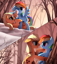 Size: 861x954 | Tagged: safe, artist:ruhje, applejack, rainbow dash, earth pony, pegasus, pony, appledash, female, lesbian, looking at each other, mare, open mouth, shipping, snow, snowball, snowball fight, tree, winter