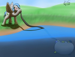 Size: 1280x978 | Tagged: safe, artist:the-furry-railfan, oc, oc only, oc:crash dive, oc:featherweight, pegasus, pony, blowing, diving suit, field, hose, inflation, lake, outdoors, puffy cheeks, surprised, underwater, unshorn fetlocks