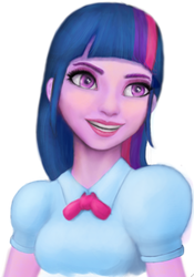 Size: 426x610 | Tagged: safe, artist:mentalmongloid, twilight sparkle, equestria girls, g4, bust, female, grin, simple background, smiling, solo, uncanny valley, white background