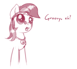 Size: 800x717 | Tagged: artist needed, safe, roseluck, earth pony, pony, g4, bandana, beads, cute, dialogue, female, glasses, groovy, mare, monochrome, necklace, peace symbol, solo