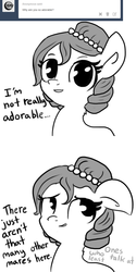 Size: 720x1440 | Tagged: safe, artist:tjpones, oc, oc only, oc:brownie bun, horse wife, ask, blatant lies, cute, floppy ears, grayscale, modesty, monochrome, smiling, solo, tumblr