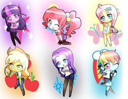 Size: 1800x1400 | Tagged: safe, artist:lovecupcake20, applejack, fluttershy, pinkie pie, rainbow dash, rarity, twilight sparkle, equestria girls, g4, applejack's hat, chibi, clothes, cowboy hat, hat, looking at you, mane six, one eye closed, open mouth, raised leg, smiling, sweater, wink
