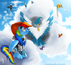 Size: 1181x1084 | Tagged: safe, artist:supermare, cloudchaser, rainbow dash, scootaloo, soarin', spitfire, surprise, thunderlane, pegasus, pony, g4, backwards cutie mark, beanie, clothes, cloud, crossover, delsin rowe, eyes closed, female, filly, good end, hat, infamous, infamous second son, male, mare, scootaloo can fly, sky, smiling, stallion