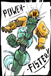 Size: 500x750 | Tagged: safe, artist:mod-of-chaos, lyra heartstrings, tau, anthro, g4, ask-thewarpony, badass, crossover, hand, power armor, power fist, space marine, tau empire, that pony sure does love hands, warhammer (game), warhammer 40k